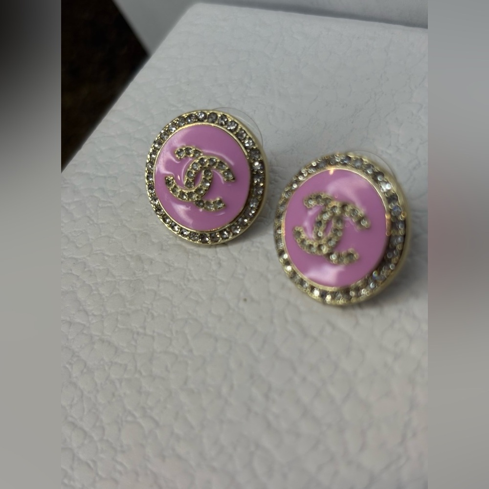 CC Boutique Pink and Gold Logo Crystal Circle Earrings